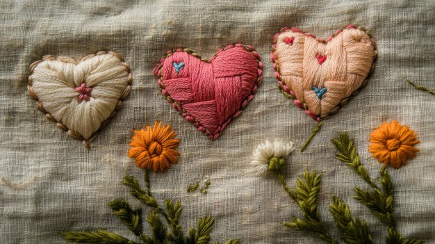 вышитый цветок на льняной ткани